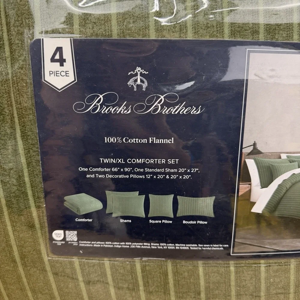 Brooks Brothers 4 Piece Comforter Set Twin XL 100% Cotton Flannel Green Stripes